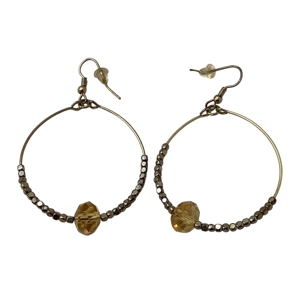 Boho Gunmetal Beaded Hoop Earrings Amber Crystal Dangle Fishhook Earring